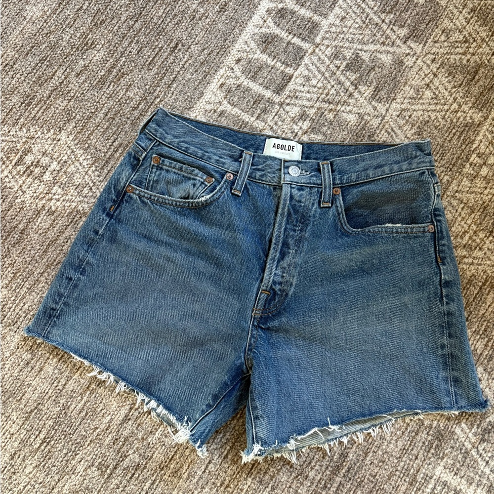 AGOLDE Parker Distressed Blue Denim Cutoff Shorts (Skywave)